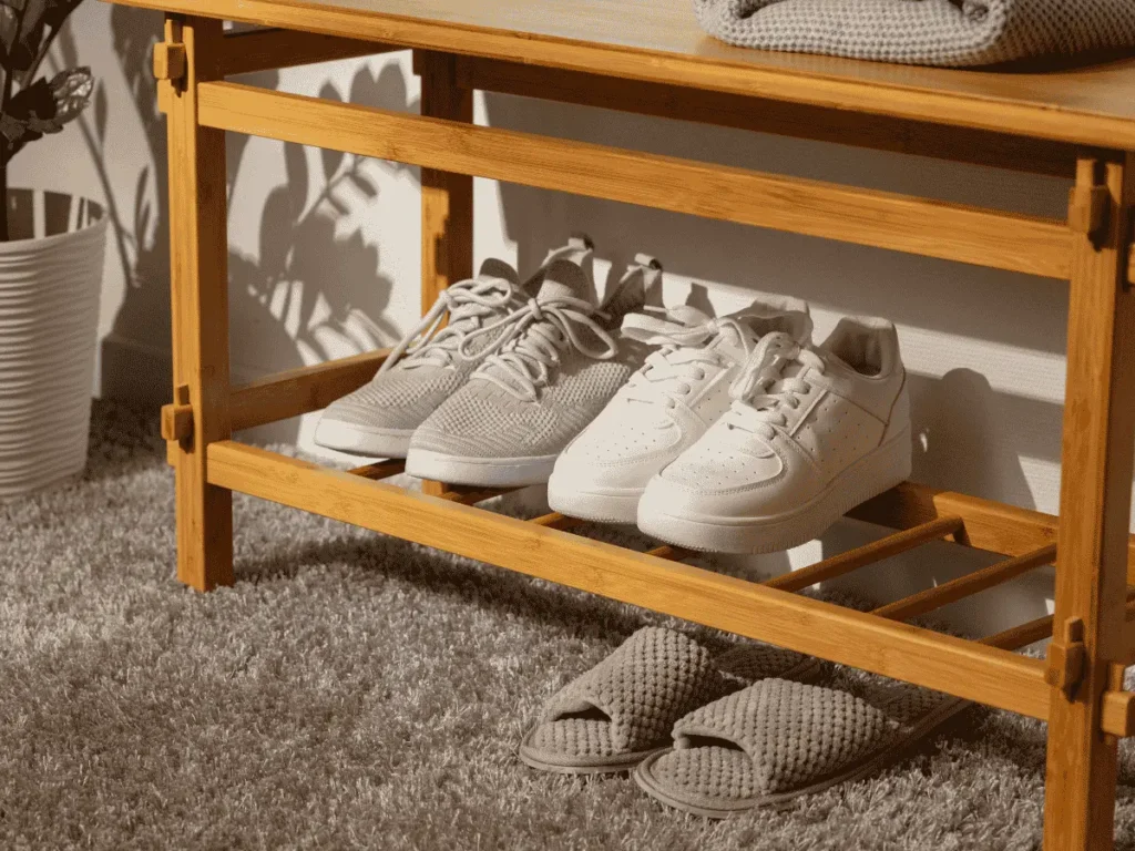 Sepatu sneakers putih bersih tertata rapi di rak — jasa cuci sepatu Rawatin