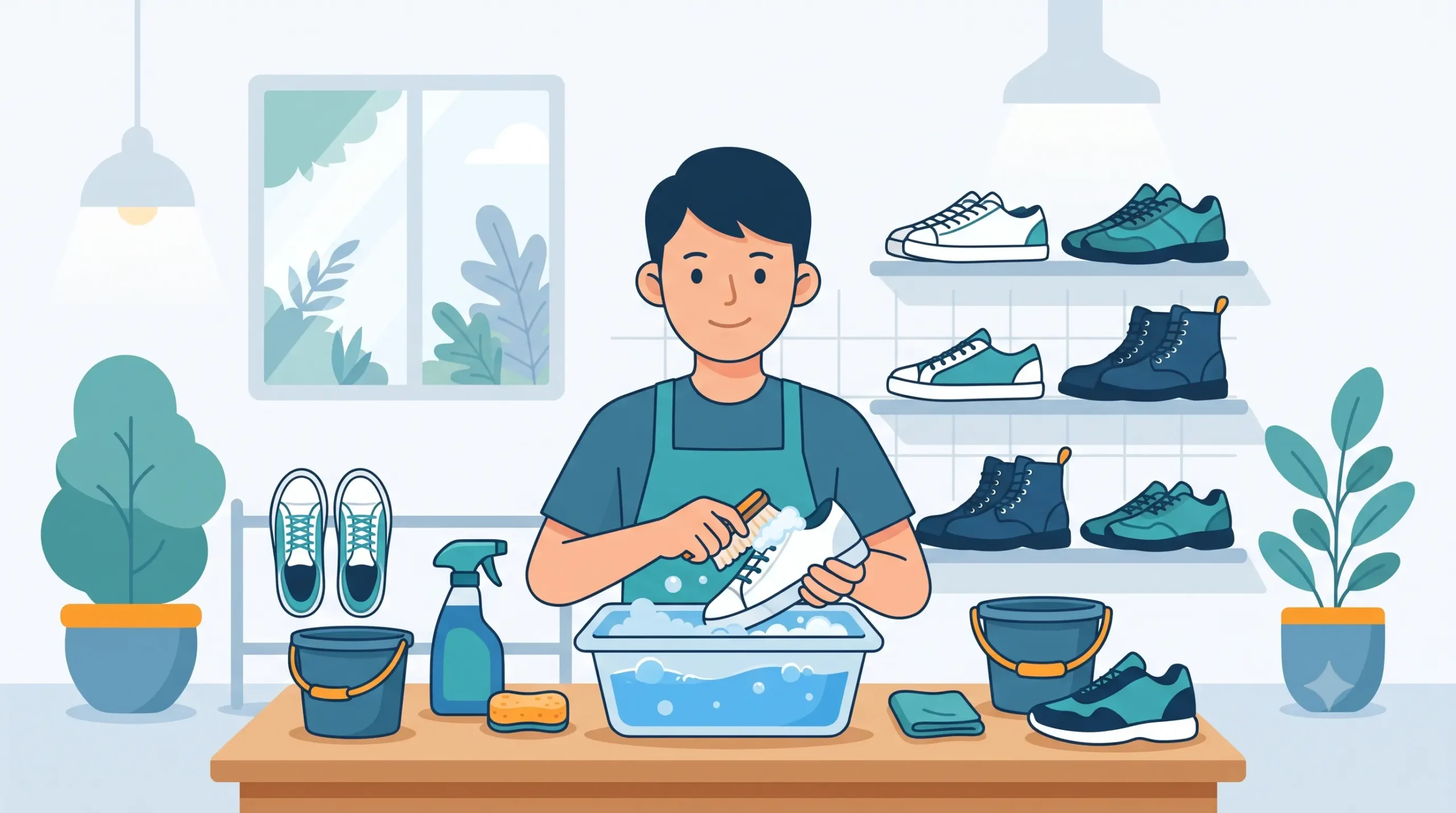 Ilustrasi pria sedang mencuci sepatu putih menggunakan sikat dan sabun di atas meja dengan perlengkapan pembersih sepatu lengkap.