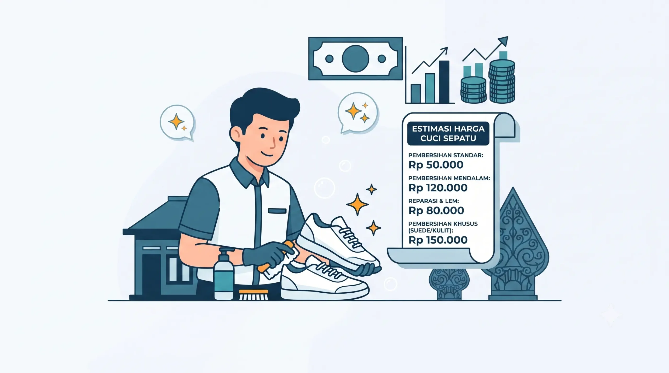Ilustrasi petugas profesional sedang merawat dan mencuci sepatu di dekat daftar estimasi harga layanan cuci sepatu seperti pembersihan standar, deep clean, reparasi, dan perawatan bahan khusus.