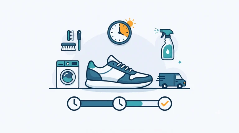 Ilustrasi flat design yang memperlihatkan sepatu sneakers, jam dinding, alat pembersih, serta kurir antar-jemput sebagai simbol estimasi durasi dan proses cuci sepatu di laundry.