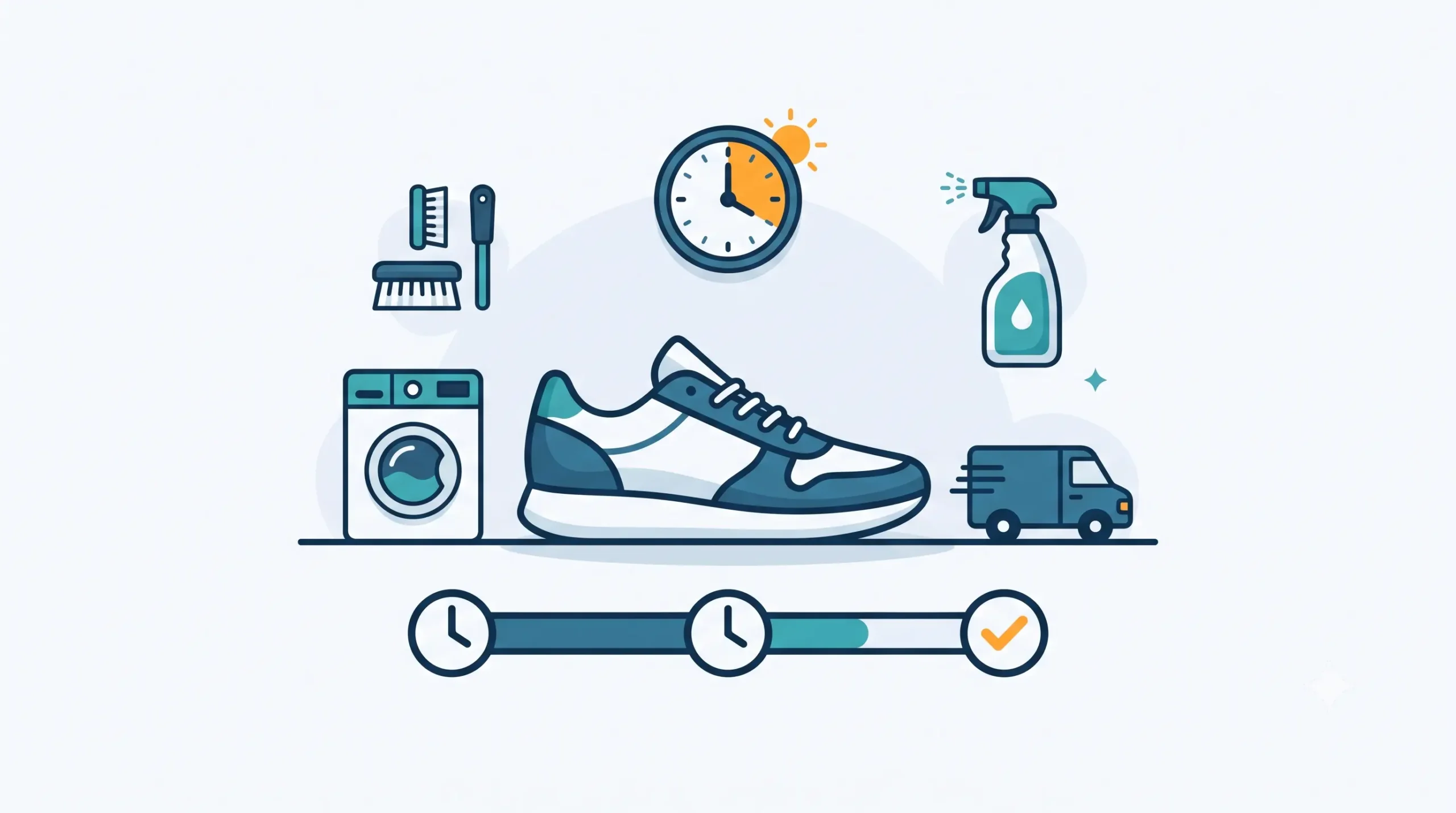 Ilustrasi flat design yang memperlihatkan sepatu sneakers, jam dinding, alat pembersih, serta kurir antar-jemput sebagai simbol estimasi durasi dan proses cuci sepatu di laundry.