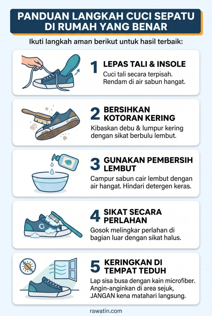 Infografis 5 langkah mudah dan aman mencuci sepatu di rumah, mulai dari melepas tali hingga mengeringkan di tempat teduh.