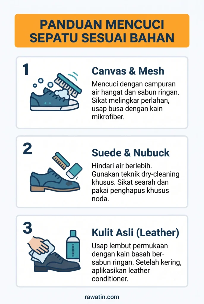 Infografis langkah mencuci sepatu berdasarkan jenis bahannya, meliputi canvas dan mesh, suede dan nubuck, serta kulit asli (leather).