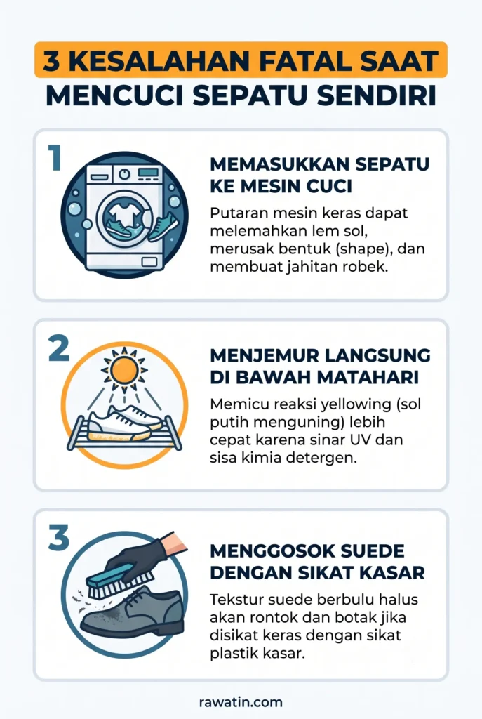 Infografis berisi 3 kesalahan fatal saat mencuci sepatu sendiri, yaitu memasukkan sepatu ke mesin cuci, menjemur langsung di bawah terik matahari yang memicu yellowing, serta menggosok bahan suede dengan sikat plastik kasar.