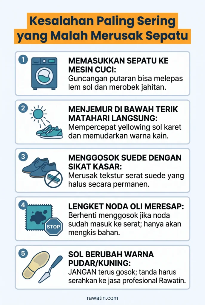 Infografis vertikal berisi 5 kesalahan paling sering yang merusak sepatu, seperti memakai mesin cuci, menjemur di bawah matahari langsung, serta menggosok bahan suede dengan sikat kasar.