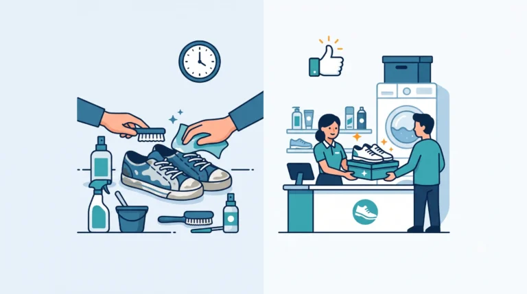Ilustrasi perbandingan antara mencuci sepatu sendiri di rumah menggunakan sikat dan pembersih dengan menyerahkan sepatu ke jasa laundry sepatu profesional.