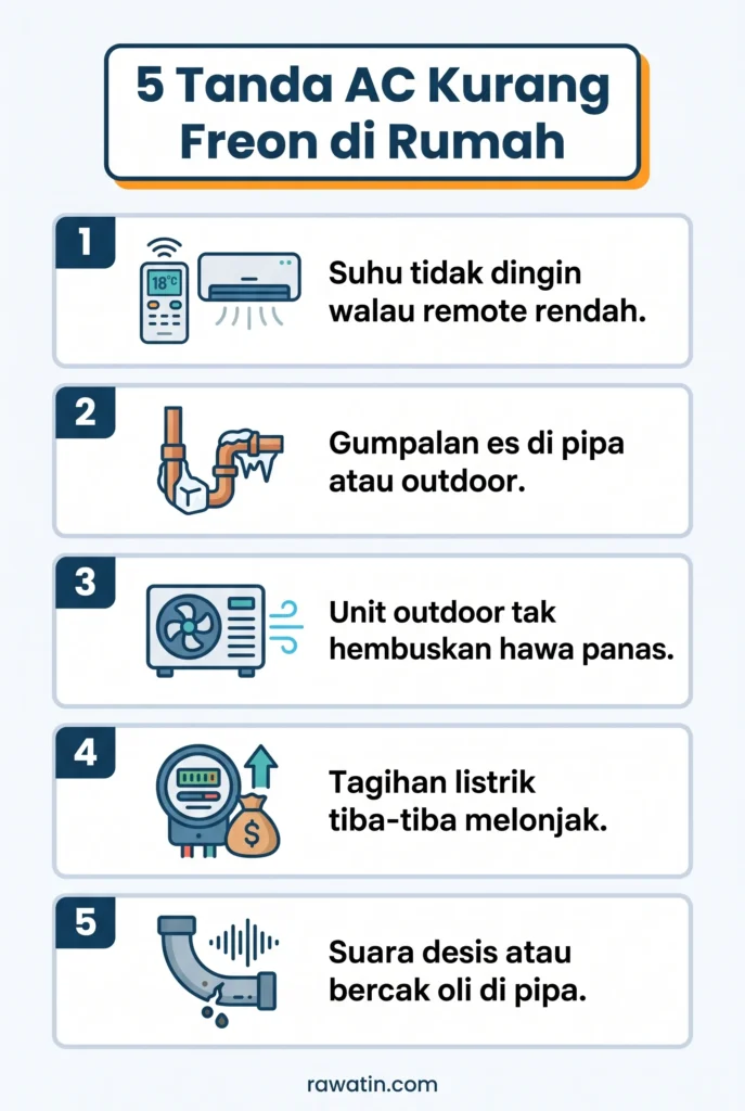 Infografis vertikal yang merinci lima tanda AC kekurangan freon: 1. Suhu tidak dingin meski remote rendah, 2. Gumpalan es di pipa, 3. Unit outdoor tidak panas, 4. Tagihan listrik melonjak, dan 5. Suara desis atau bercak oli di pipa.