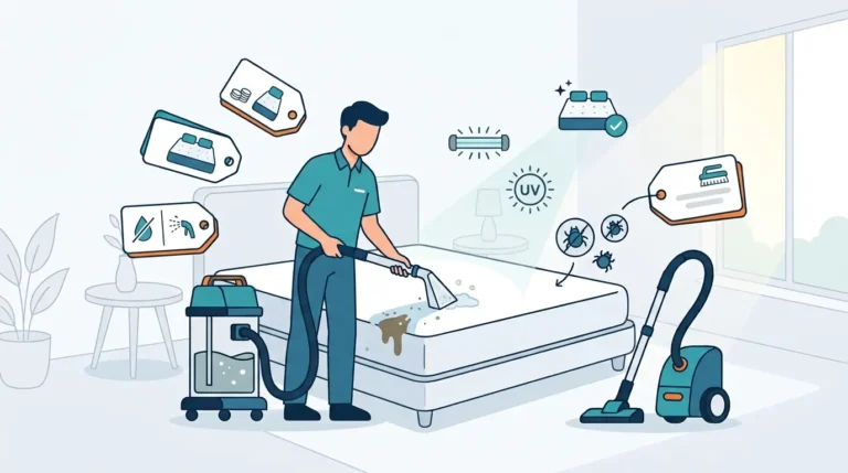Ilustrasi flat design teknisi sedang membersihkan noda kasur menggunakan alat vakum ekstraktor, dilengkapi ikon pilihan metode pencucian dry cleaning, wet cleaning, sanitasi sinar UV, dan label estimasi harga kasur.