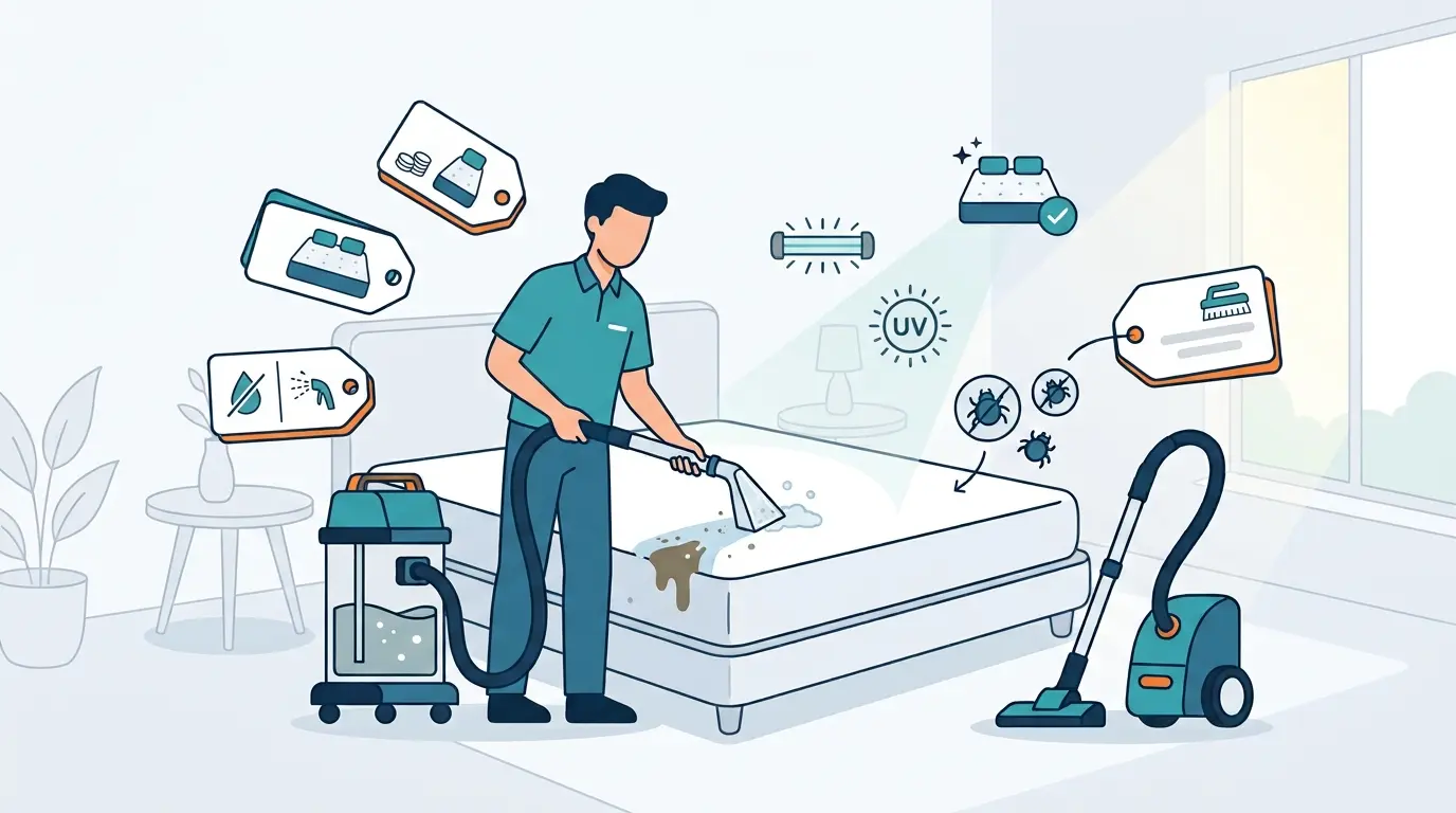 Ilustrasi flat design teknisi sedang membersihkan noda kasur menggunakan alat vakum ekstraktor, dilengkapi ikon pilihan metode pencucian dry cleaning, wet cleaning, sanitasi sinar UV, dan label estimasi harga kasur.