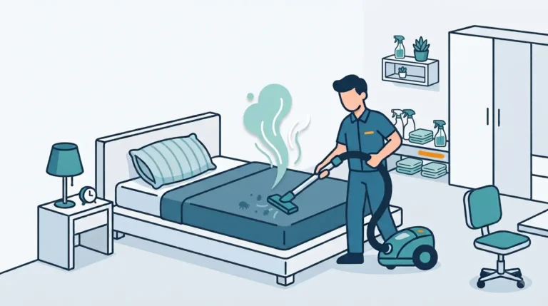Ilustrasi seorang teknisi sedang membersihkan kasur menggunakan alat vacuum ekstraktor untuk membasmi tungau, debu, dan kotoran hingga ke dalam serat kasur.