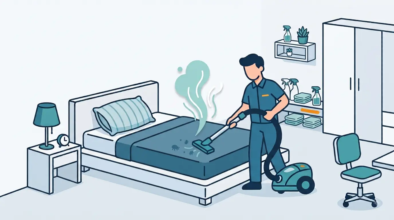 Ilustrasi seorang teknisi sedang membersihkan kasur menggunakan alat vacuum ekstraktor untuk membasmi tungau, debu, dan kotoran hingga ke dalam serat kasur.