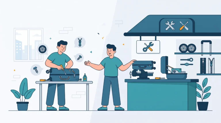 Ilustrasi perbandingan antara membetulkan koper rusak secara mandiri di rumah menggunakan obeng dan pelumas dengan menyerahkan koper ke teknisi workshop perbaikan profesional.