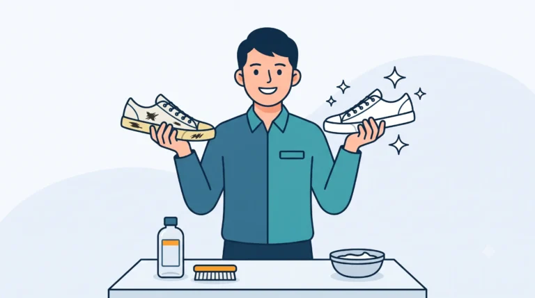 Ilustrasi flat design memperlihatkan perbandingan sepatu kets dengan sol yang kusam dan terkena noda hitam di tangan kiri, serta sepatu kets dengan sol putih bersih dan kinclong di tangan kanan, lengkap dengan sikat dan perlengkapan pembersih di atas meja.