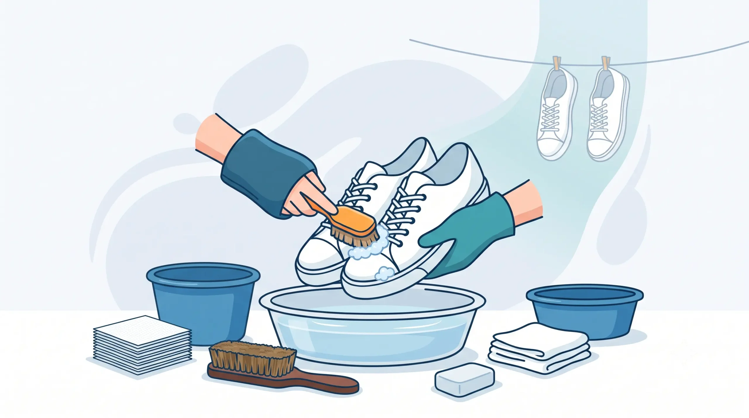 Ilustrasi proses mencuci sepatu kanvas putih sendiri di rumah menggunakan sikat lembut, wadah air sabun, kain mikrofiber, dan tisu dapur untuk mencegah yellowing.