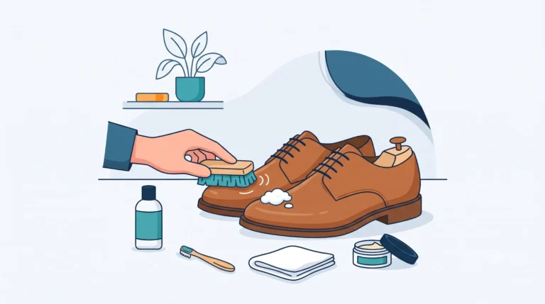 Ilustrasi flat design yang menampilkan proses membersihkan sepatu kulit cokelat menggunakan sikat halus, cairan pembersih, kain microfiber, dan kondisioner sepatu.