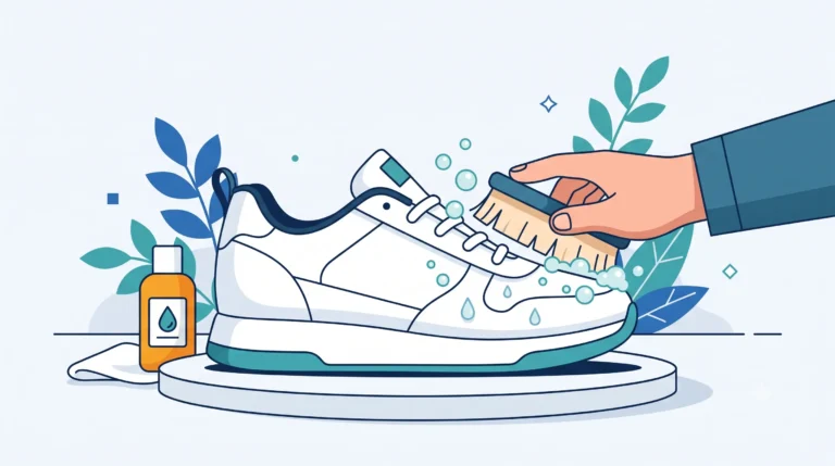 Ilustrasi proses mencuci sepatu putih secara perlahan menggunakan sikat berbulu lembut dan sabun khusus agar bersih maksimal dan tidak menguning.