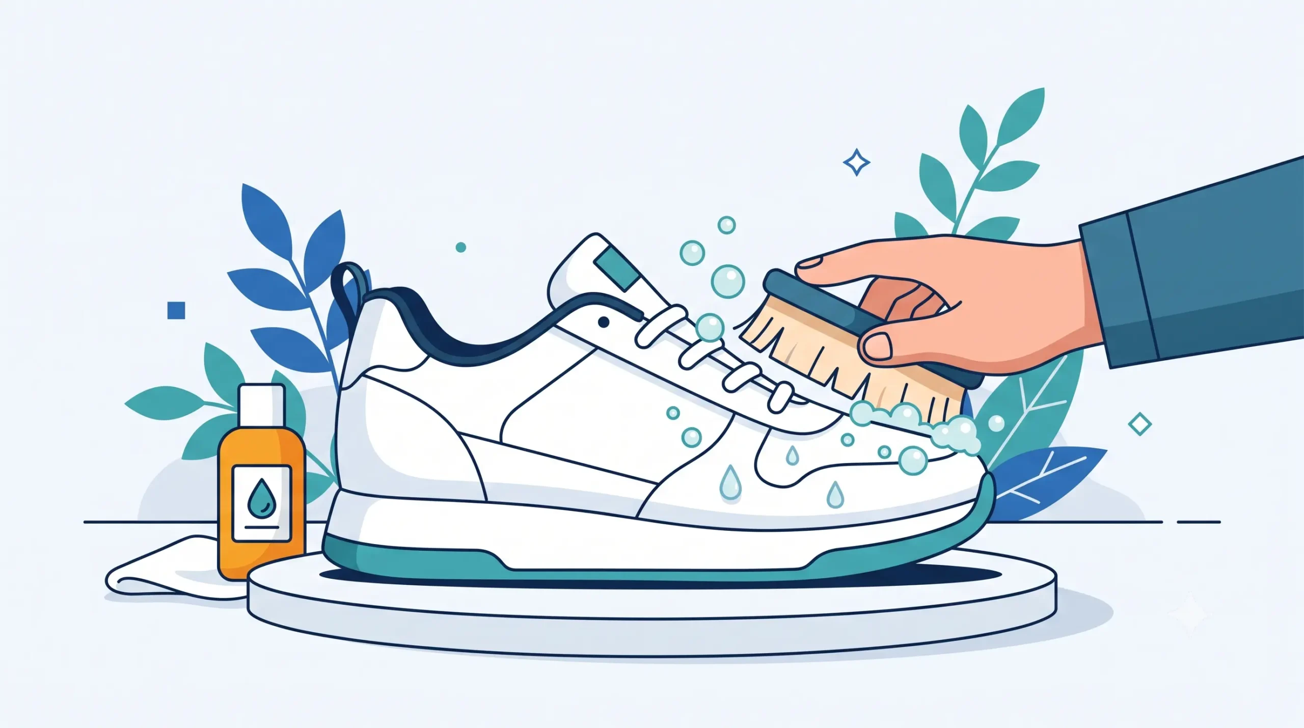 Ilustrasi proses mencuci sepatu putih secara perlahan menggunakan sikat berbulu lembut dan sabun khusus agar bersih maksimal dan tidak menguning.