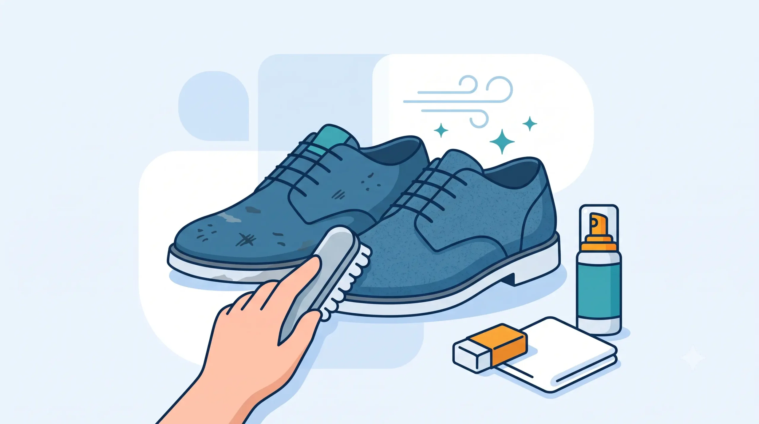 Ilustrasi perlengkapan perawatan sepatu suede dan nubuck seperti sikat khusus, pembersih busa (foam cleaner), penghapus suede, serta kain microfiber untuk membersihkan noda tanpa merusak tekstur bahan.