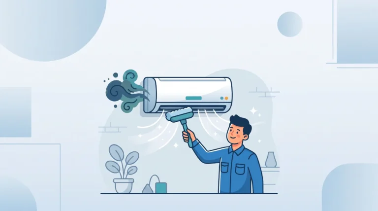 Ilustrasi gaya flat modern seorang teknisi sedang membersihkan unit AC split yang mengeluarkan bau apek dan udara kotor agar menjadi segar kembali.