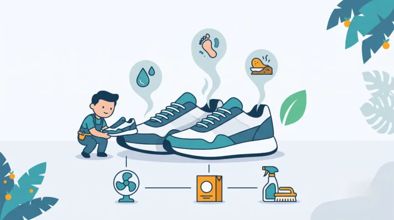 Ilustrasi flat design yang menggambarkan berbagai penyebab bau sepatu seperti kelembapan dan bakteri, beserta alat penanganannya seperti kipas angin, baking soda, dan cairan pembersih khusus.