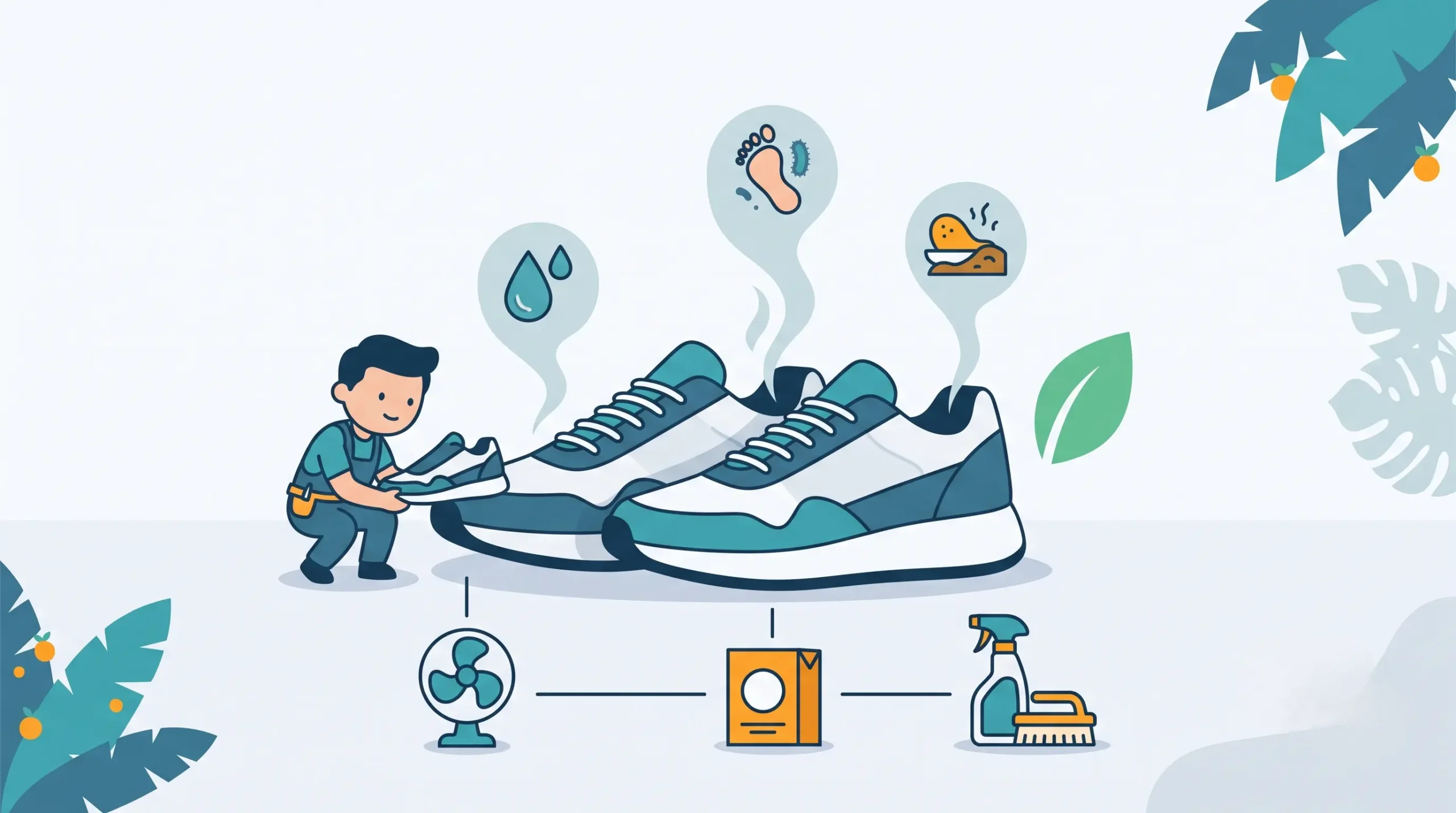 Ilustrasi flat design yang menggambarkan berbagai penyebab bau sepatu seperti kelembapan dan bakteri, beserta alat penanganannya seperti kipas angin, baking soda, dan cairan pembersih khusus.