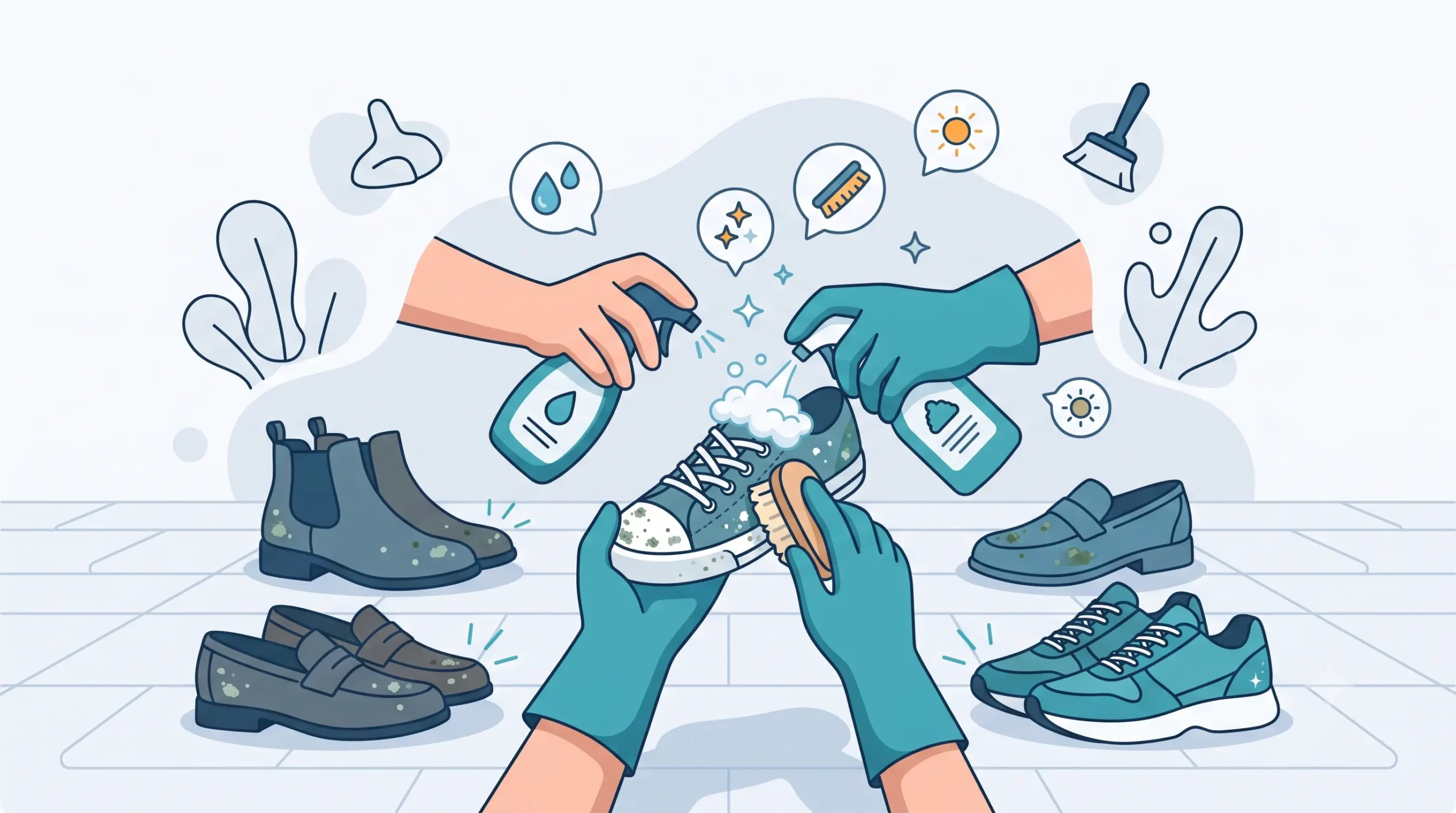 Ilustrasi proses membersihkan berbagai jenis sepatu berjamur secara aman menggunakan sikat halus, cairan pembersih khusus, dan sarung tangan.