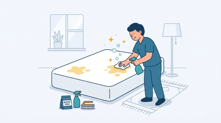 Ilustrasi seseorang sedang membersihkan noda kuning bekas keringat di kasur menggunakan botol semprot pembersih dan lap mikrofiber, dilengkapi bahan pendukung seperti baking soda dan sikat.