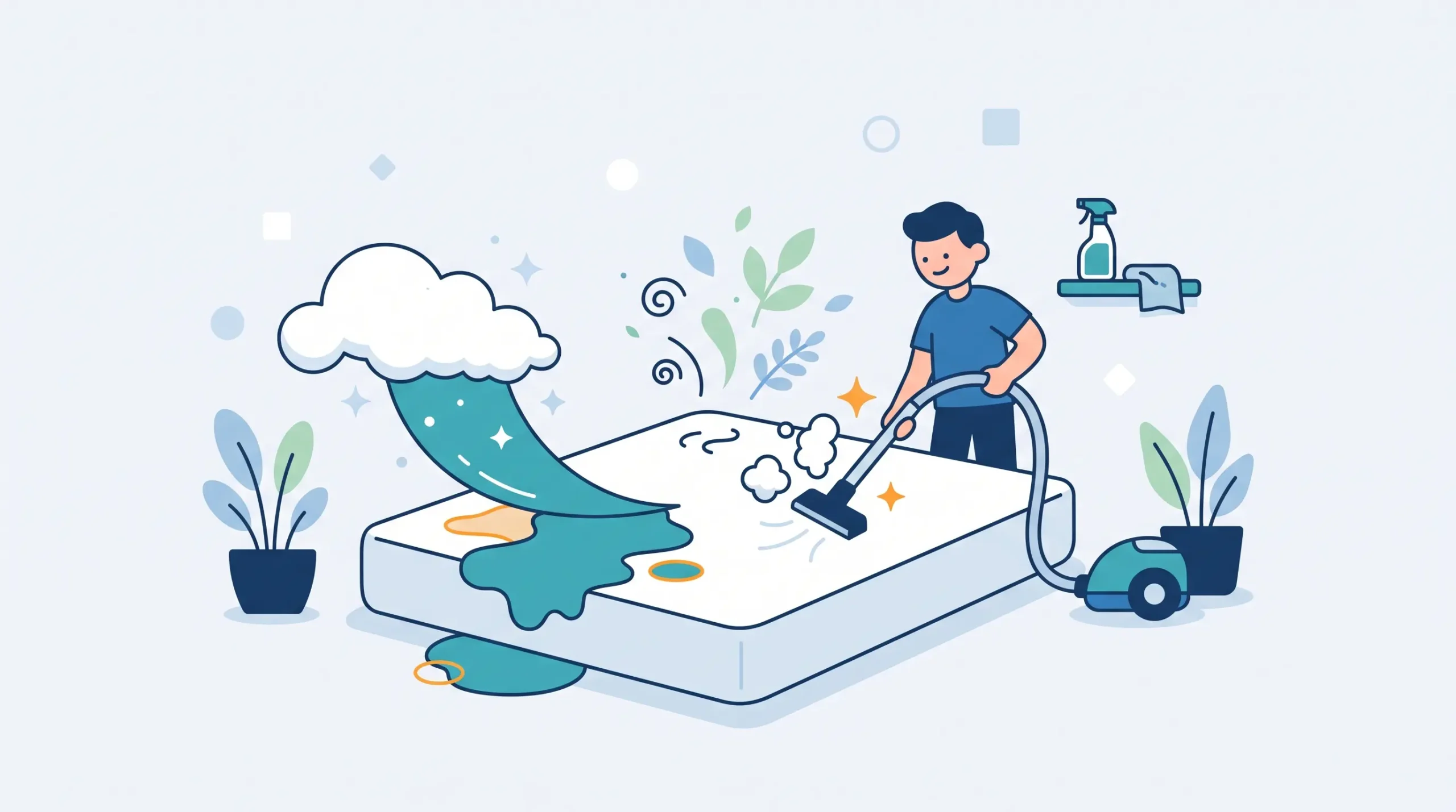 Ilustrasi flat design seorang teknisi sedang membersihkan noda ompol di atas kasur menggunakan vacuum cleaner hydro-cleaning agar bersih dan segar kembali.