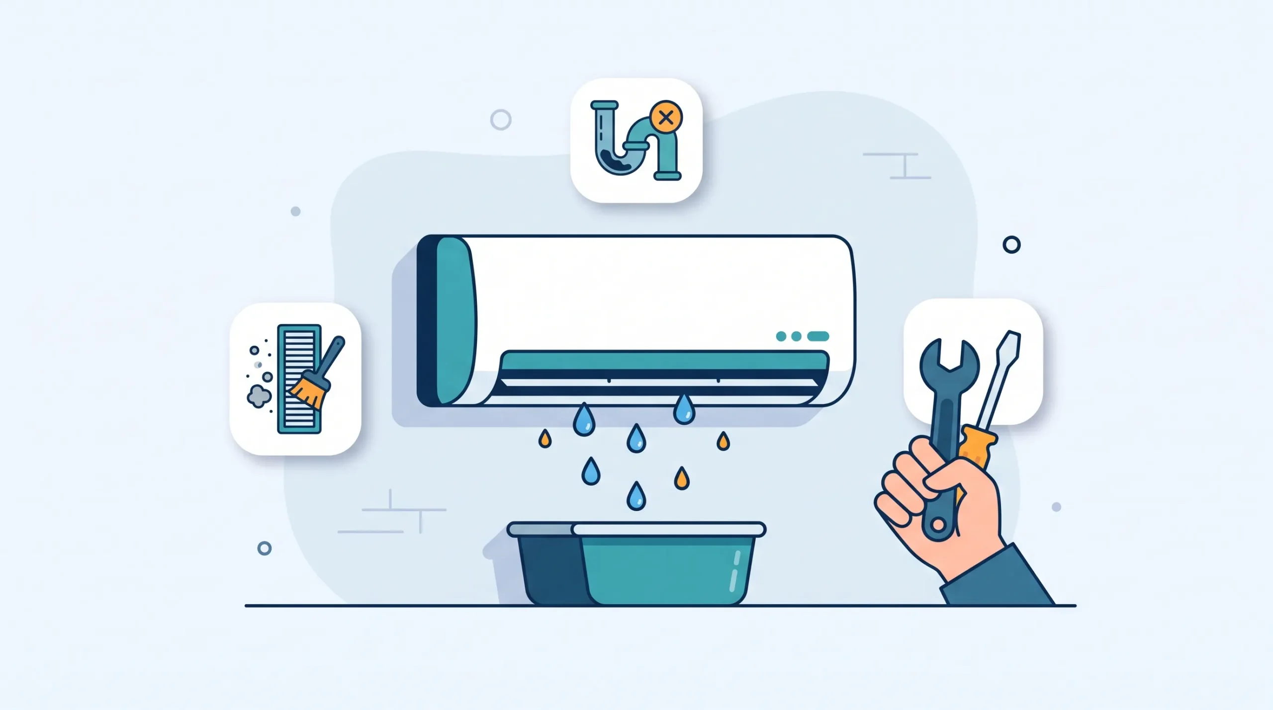 Ilustrasi unit AC indoor yang sedang bocor meneteskan air ke dalam bak penampungan. Terdapat ikon-ikon melayang yang menggambarkan diagnosis masalah (filter kotor, saluran pembuangan mampet) dan solusi perbaikan menggunakan kunci inggris dan obeng.