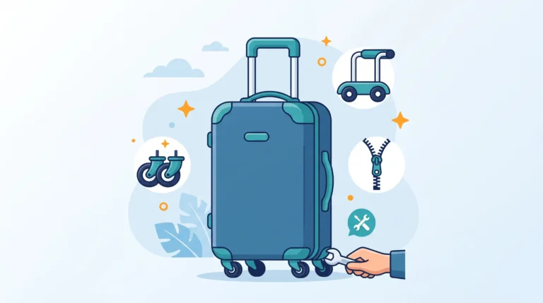 Ilustrasi reparasi koper profesional menampilkan koper hardcase biru beserta ikon perbaikan komponen utama seperti penggantian roda, mekanik trolley, resleting, dan perkakas servis.
