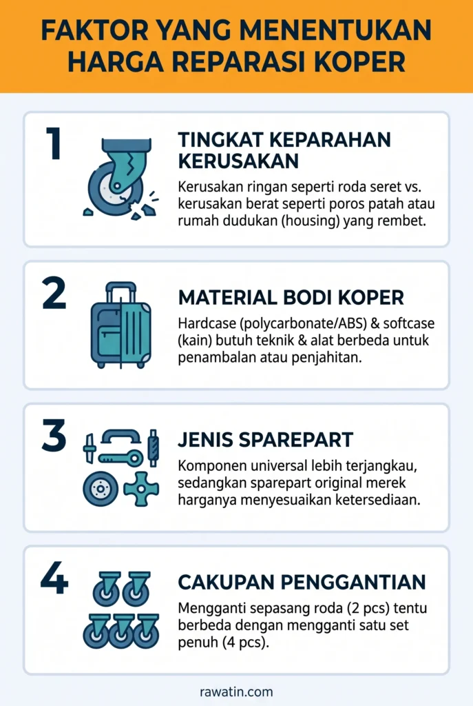 Infografis vertical mengenai empat faktor penentu harga reparasi koper, meliputi tingkat keparahan kerusakan, material bodi koper, jenis sparepart, dan cakupan jumlah komponen yang diganti.