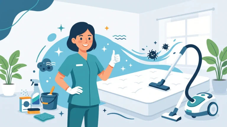 Ilustrasi seorang teknisi jasa cuci kasur profesional Rawatin dengan seragam teal memberikan tanda jempol, berdiri di samping kasur yang bersih berkilau dan bebas dari tungau serta kuman setelah disanitasi.