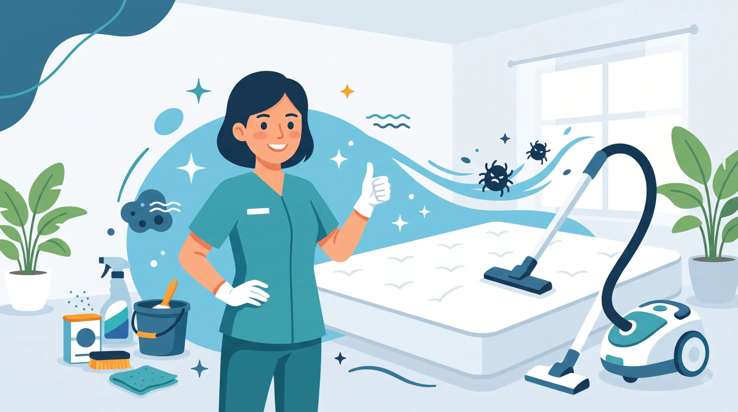 Ilustrasi seorang teknisi jasa cuci kasur profesional Rawatin dengan seragam teal memberikan tanda jempol, berdiri di samping kasur yang bersih berkilau dan bebas dari tungau serta kuman setelah disanitasi.