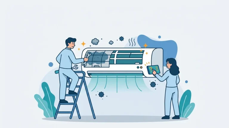 Ilustrasi teknisi sedang memeriksa dan membersihkan unit AC split yang kotor agar udara kembali dingin.