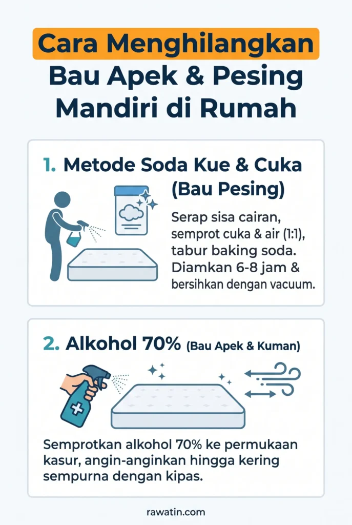 Infografis panduan mandiri menghilangkan bau apek dan pesing pada kasur di rumah, menampilkan dua metode praktis yaitu penggunaan soda kue dan cuka serta penggunaan alkohol 70%.