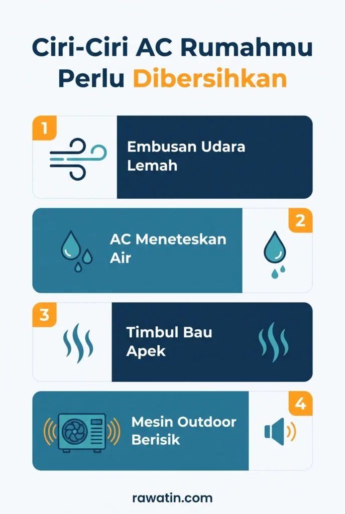 Infografis vertikal berisi 4 tanda AC rumah perlu dibersihkan: embusan udara lemah, AC meneteskan air, timbul bau apek, dan mesin outdoor berisik.