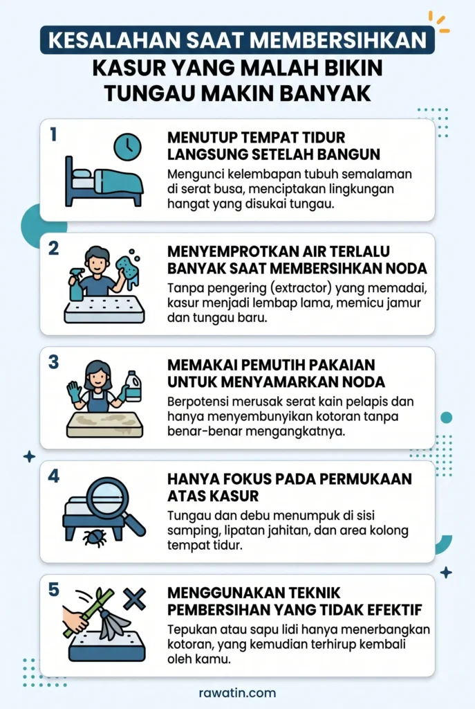 Infografis vertikal berisi 5 kesalahan saat membersihkan kasur yang bikin tungau makin banyak, seperti menutup tempat tidur terlalu cepat, menyemprotkan air berlebih, hingga memakai pemutih pakaian.