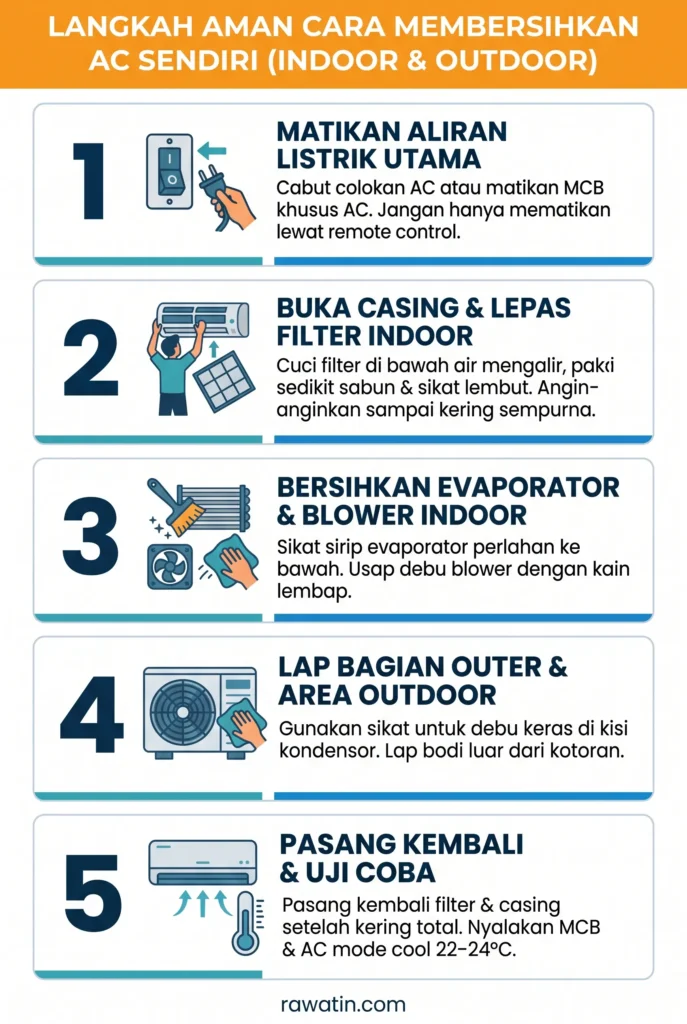 Infografis vertikal berisi 5 langkah aman cara membersihkan AC sendiri di rumah, mulai dari mematikan listrik hingga uji coba unit indoor dan outdoor.