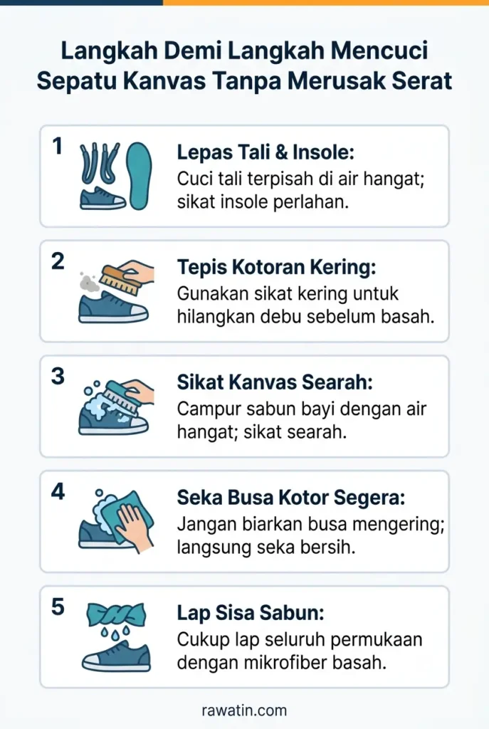 Infografis panduan 5 langkah mudah mencuci sepatu kanvas tanpa merusak serat, mulai dari melepas tali hingga mengelap sisa sabun dengan kain mikrofiber.