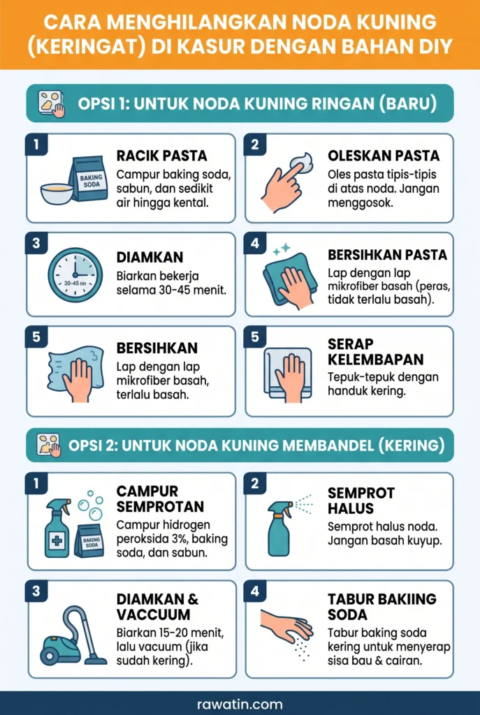 Infografis panduan langkah demi langkah cara menghilangkan noda kuning keringat di kasur dengan metode DIY, menggunakan racikan pasta baking soda untuk noda ringan dan semprotan hidrogen peroksida untuk noda membandel.