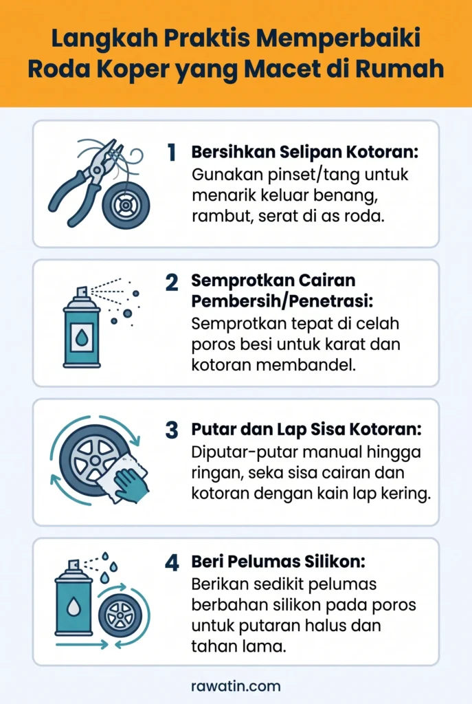Infografis vertikal panduan quick-fix perbaikan ringan koper di rumah yang memuat 4 langkah: melumasi roda macet dengan pelumas silikon, merapikan resleting seret dengan sabun kering dan tang, melumasi batang trolley, serta mengencangkan sekrup gagang koper yang kendur.