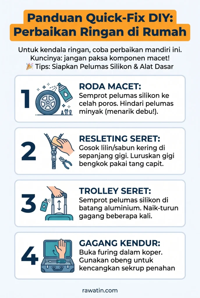 Infografis vertikal panduan quick-fix perbaikan ringan koper di rumah yang memuat 4 langkah: melumasi roda macet dengan pelumas silikon, merapikan resleting seret dengan sabun kering dan tang, melumasi batang trolley, serta mengencangkan sekrup gagang koper yang kendur.