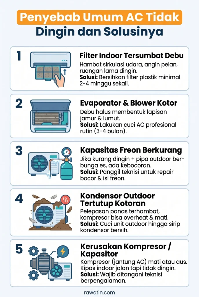 Infografis 5 penyebab utama AC tidak dingin mulai dari filter tersumbat, evaporator kotor, freon berkurang, hingga kerusakan kompresor beserta solusinya.
