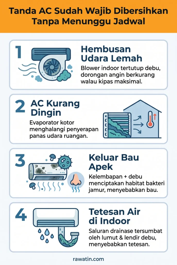 Infografis 4 tanda AC harus segera dibersihkan: hembusan udara lemah, AC kurang dingin, keluar bau apek, dan tetesan air di unit indoor.