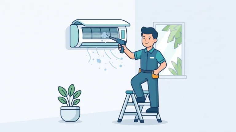 Ilustrasi teknisi jasa cuci AC sedang membersihkan unit indoor menggunakan alat pembersih khusus untuk perawatan rutin rumah.