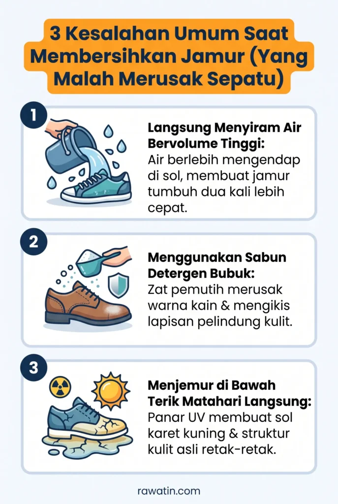 Infografis berisi 3 kesalahan umum saat membersihkan jamur sepatu: menyiram air bervolume tinggi, menggunakan detergen bubuk, dan menjemur di bawah matahari langsung.