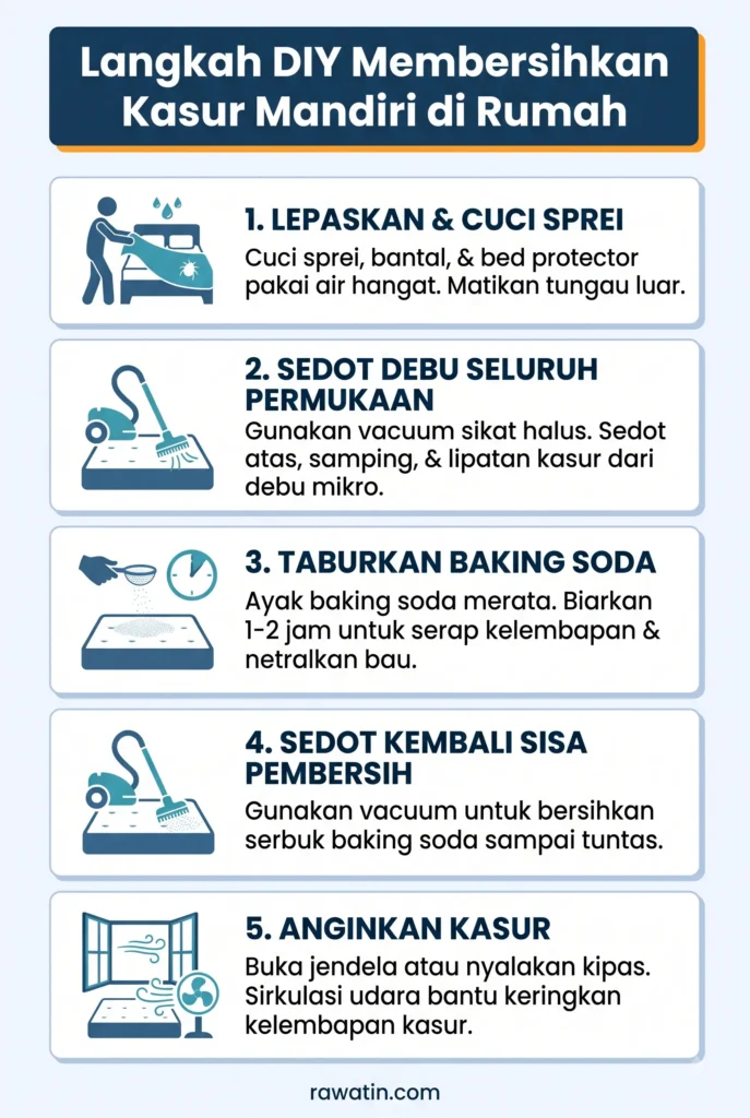 Infografis lima langkah mudah membersihkan kasur sendiri di rumah, mulai dari mencuci sprei, menyedot debu, menaburkan baking soda, menyedot kembali sisa pembersih, hingga menganginkan kasur.