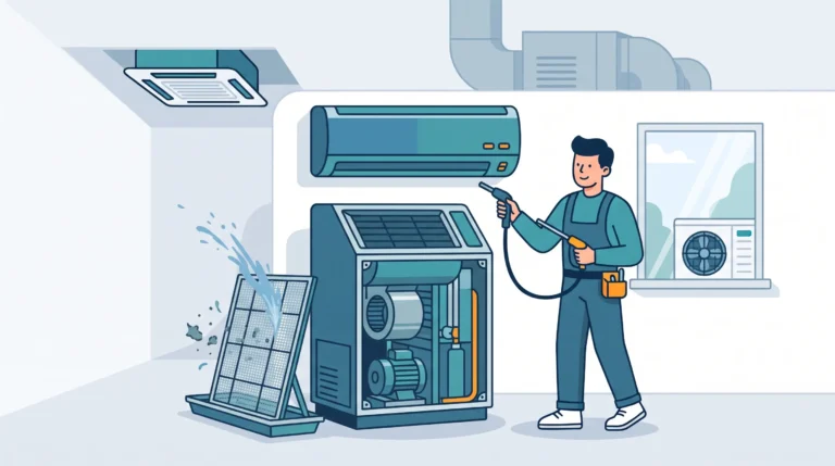 Ilustrasi teknisi profesional sedang membersihkan unit AC split dan komponen mesin menggunakan alat semprot air bertekanan tinggi dengan latar belakang AC cassette dan outdoor.
