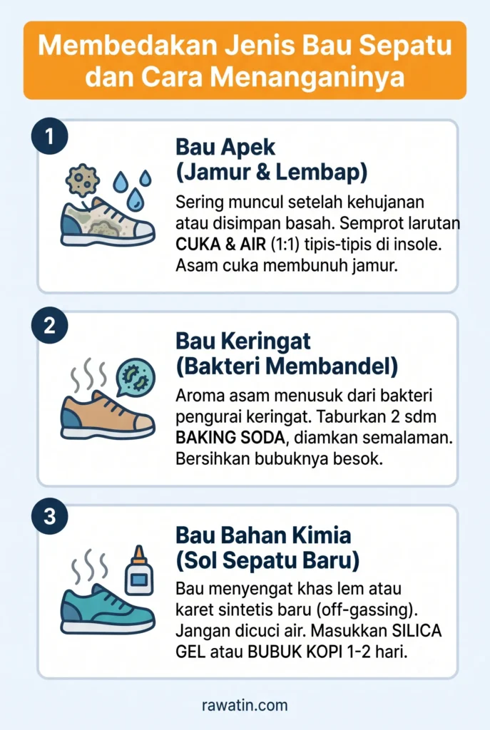 Infografis panduan membedakan 3 jenis bau sepatu beserta solusi penanganannya: larutan cuka untuk bau apek jamur, baking soda untuk bau keringat bakteri, dan silica gel atau kopi untuk bau bahan kimia sepatu baru.