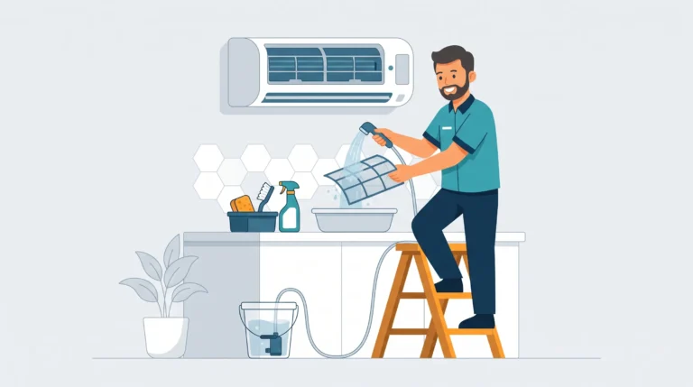Ilustrasi pria sedang mencuci filter AC menggunakan semprotan air dan tangga kayu, dilengkapi peralatan pembersih rumah tangga dalam gaya vektor flat.